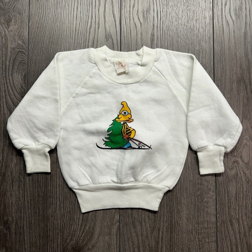 Vintage 1987 Skiing Duck Graphic Sweatshirt White Raglan Kids Size 2 Made Canada